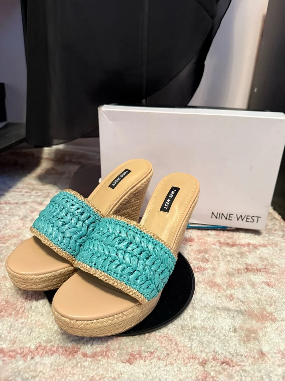 Nine West Teal Woven Slide Wedge Sandals with Tan Platform